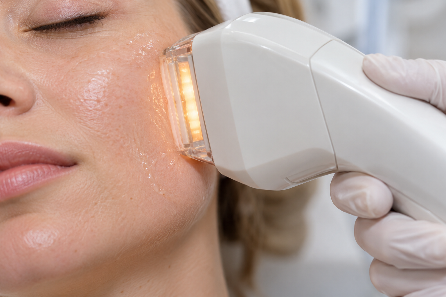 IPL handpiece with a broad light on the cheek