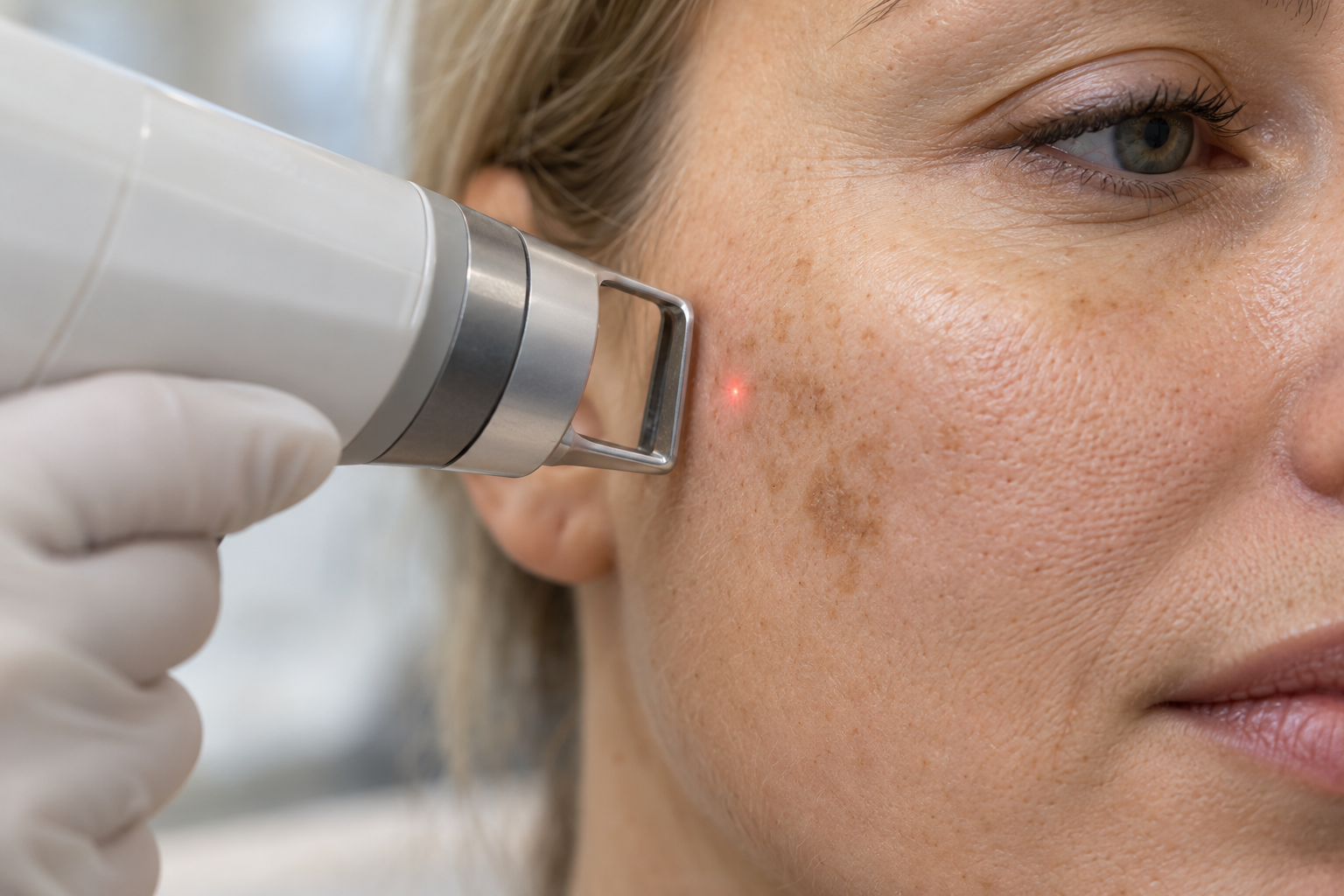 Laser handpiece over cheek pigment