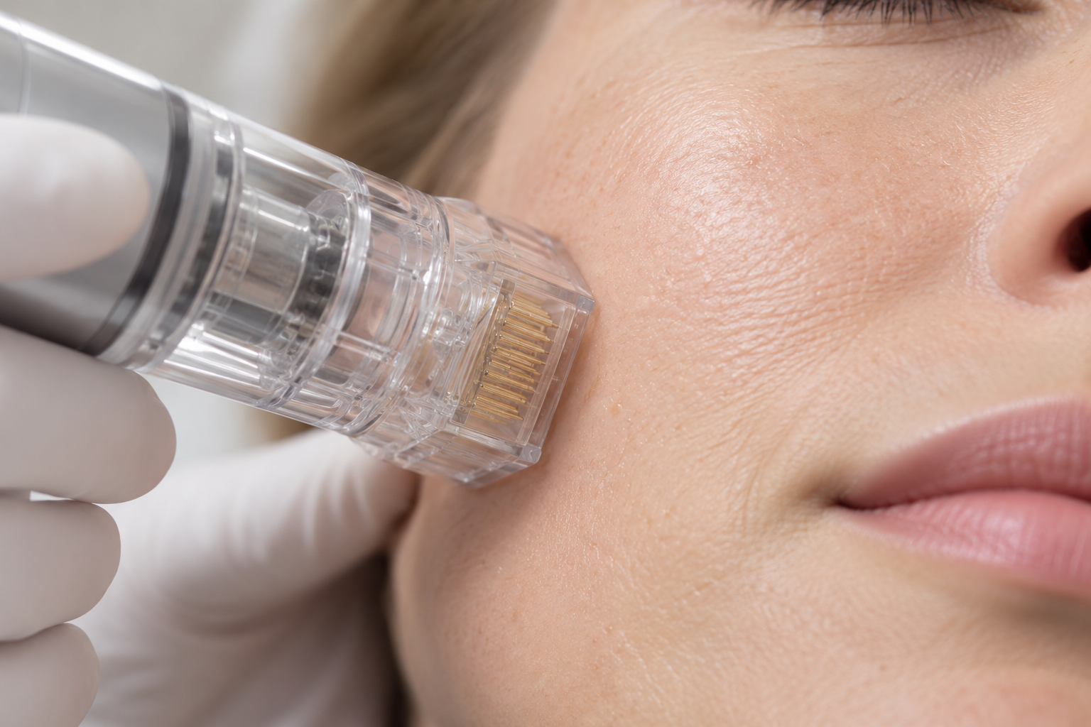RF microneedling tip on the cheek
